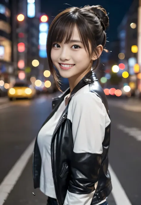 (((City:1.3, outdoor, Photographed from the front))), ((bun hair:1.3,leather jacket,Smile,japanese woman,cute)), (clean, natural makeup), (highest quality, masterpiece:1.3, 超High resolution), (Super detailed, caustics), (realistic:1.4, RAW shooting), very ...