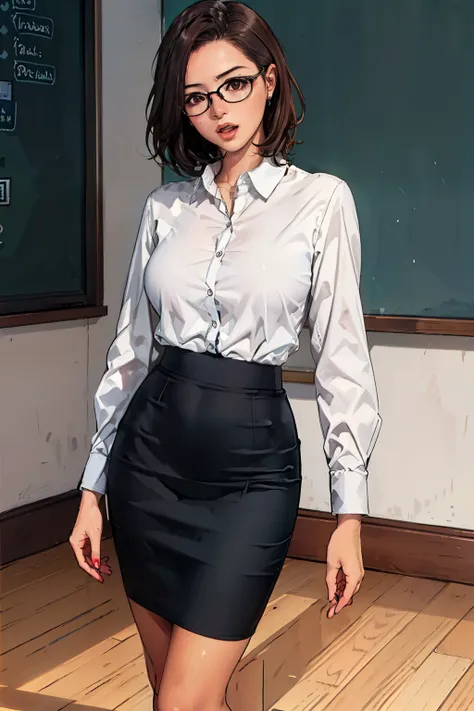 ((realistic light, best quality, 8k, masterpiece: 1.3)), 1girl, female teacher, slim beauty: 1.4, (brown hair,  short hair lengt...