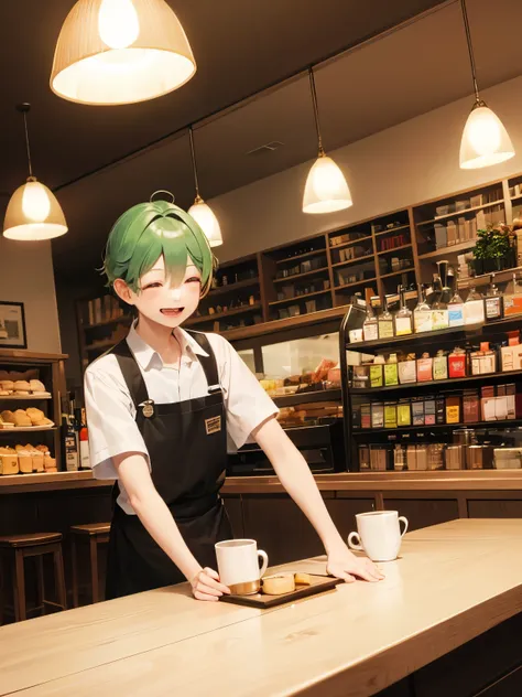 young man laughing out loud、green hair、spring clothes、quiet cafe