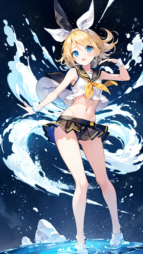 Kagamine rin , mini falda , bragas a la vista , rostro apenado , mejillas ruborizadas , viendo al espectador , imagen de cuerpo completo , (perfect body proportion)