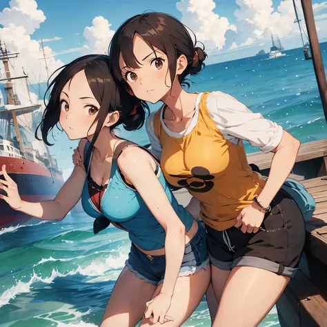 a woman with short brown hair, brown eyes, serious, wearing light blue shorts, Zoro next to me giving me a kiss on the cheek, in the background a ship landscape, anime style (one piece)