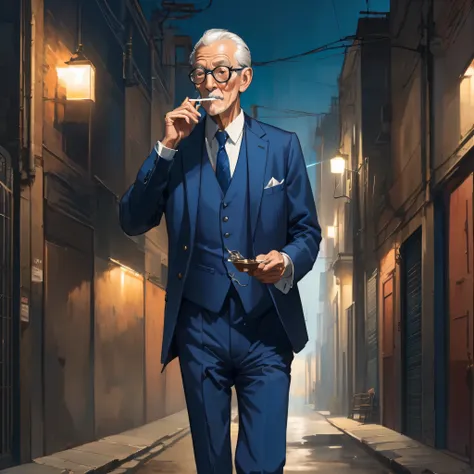 skinny old man wearing glasses and smoking a cigarette wearing a dark blue suit walking in a dark alley