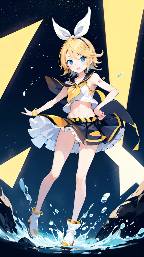 Kagamine rin , mini falda , bragas a la vista , rostro apenado , mejillas ruborizadas , viendo al espectador , imagen de cuerpo completo , (perfect body proportion)