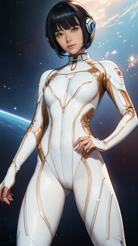 (masterpiece、highest quality、highest resolution、clear_image、Detailed details): (full body figure、15 year old girl、Japanese face、small face、thin、navy blue super short bob cut hair、blue colored eyes、((navy long sleeve space suit、space helmet))、headset、cosmic...