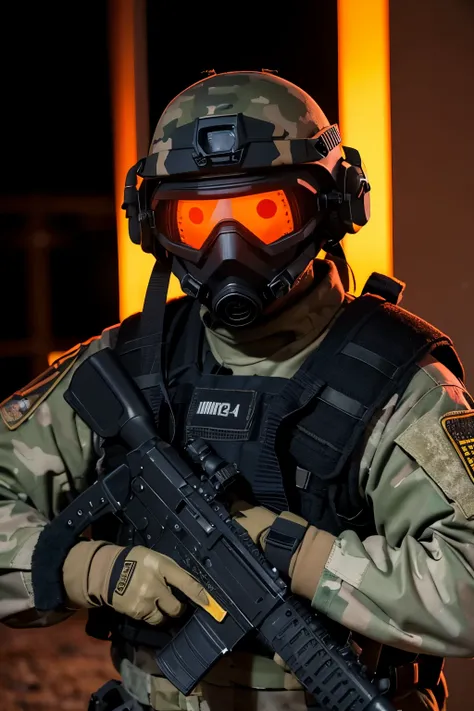 a modernization，Thermal imaging night vision goggles on tactical helmets，Wearing heavy bullet armor and heavy body armor，Male soldier holding H416 assault rifle with 4x scope，Face wear orange tactical goggles，The armband is a team armband.