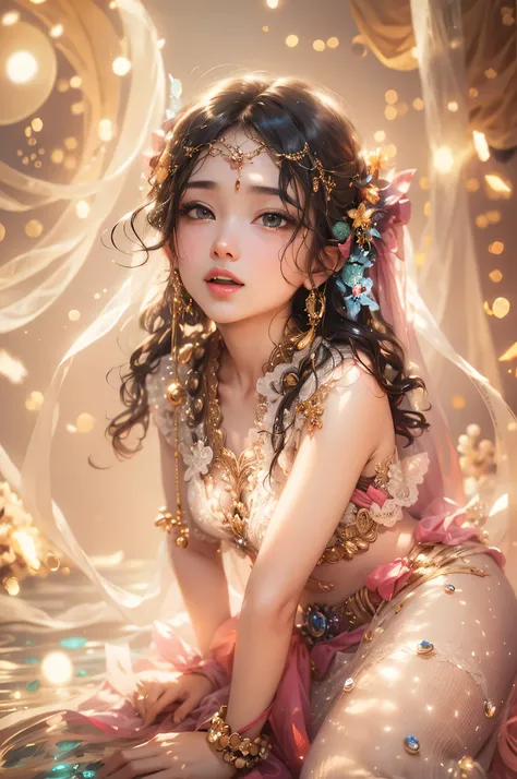 ocean floor,(depth of fields),A mermaid,long whitr hair,Ethereal beauty,peacful,tropical fishes,jelly fish,the reef。Vibrant colors,dreamlike lighting.Best quality,A high resolution,Masterpiece:1.2.