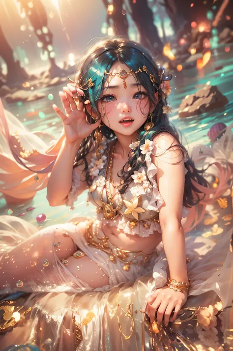 ocean floor,(depth of fields),A mermaid,long whitr hair,Ethereal beauty,peacful,tropical fishes,jelly fish,the reef。Vibrant colors,dreamlike lighting.Best quality,A high resolution,Masterpiece:1.2.