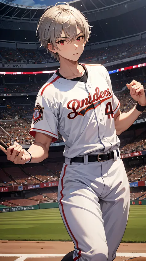 perfect anatomy, masterpiece:1.4, best quality, 8k, beautiful detailed grow, (in the Fukuoka Dome Stadium), break (Baseball Style) (hand holding wood bat, Home run declaration a silver short hair divine boy, 15 yo, detailed red eyes, serious face), break, ...