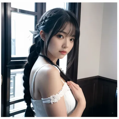 Lin Mingmei, 1 girl, alone, monochrome, Braid, looking at the viewer, dress, long hair, traditional media, sign, bangs, compensate, Put your own hands together, black hair, Upper body, lipstick, drill hair, artist name, twin Braids, bridal gauntlet, No sle...