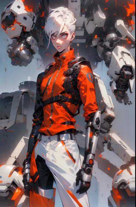 personagem de anime com terno futurista e armadura laranja e branca, mecha de garota anime cyberpunk, arte épica de science fict...