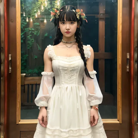 girl, alone, full body shot, Braid, looking at the viewer, dress, long hair, traditional media, sign, bangs, compensate, Put your own hands together, black hair, Upper body, lipstick, drill hair, artist name, twin Braids, bridal gauntlet, No sleeve