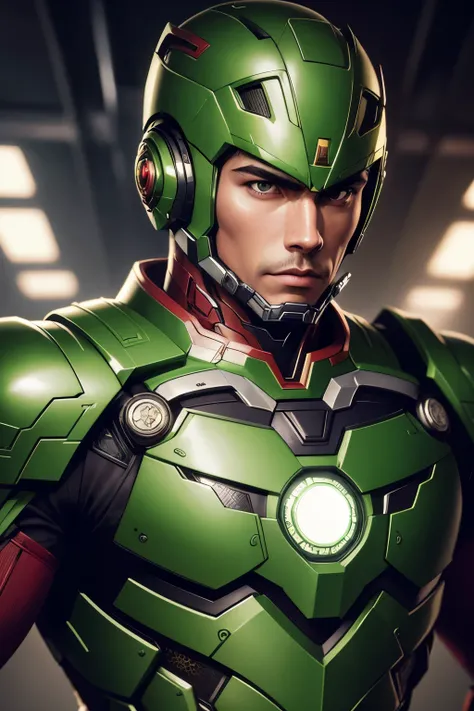 insanely detailed,Detailed portrait of illustration,green ranger with ironman intricate suit,Emphasize steel,colored,detailing,4k resolution,high contrast,cinematic lighting, clean-shaven, high level of detail,Koyoharu Gotouge art style.