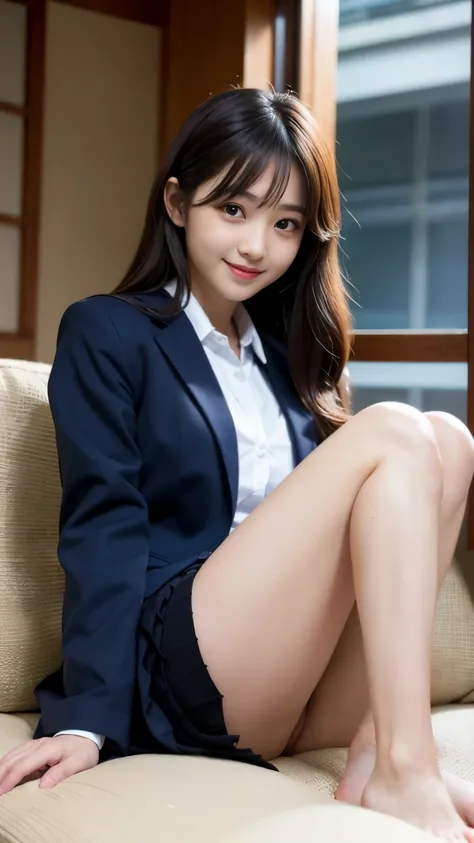 Best-quality, Masterpiece, Ultra-High-Resolution, (Photorealistic:1.4), Raw-Photo, from-bottom, front-view, 1girl, 15-years-old, the most famous Japanese idol, (wearing Japanese high-school blazer, Japanese high-school pleated-skirt), (Sitting on sofa at l...