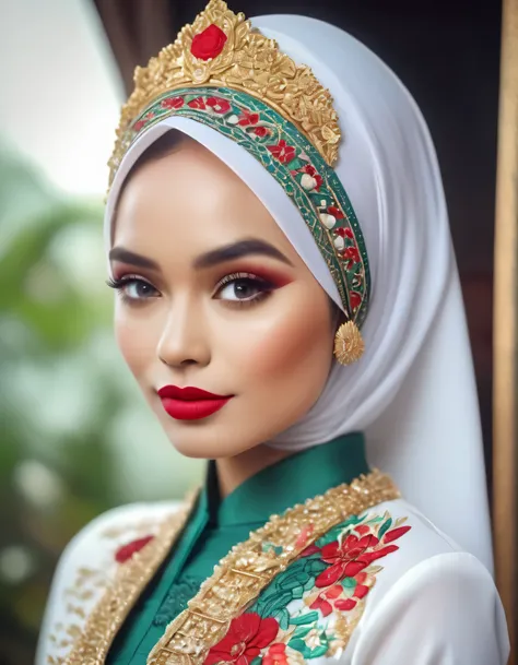 A young woman wearing a hijab, traditional Indonesian Sundanese clothing, creative kebaya colors with Indonesian culture, thick make-up face, red lipstick, wedding decoration background, white shades, detailed,professional photography, Uhd, hyper realistic...