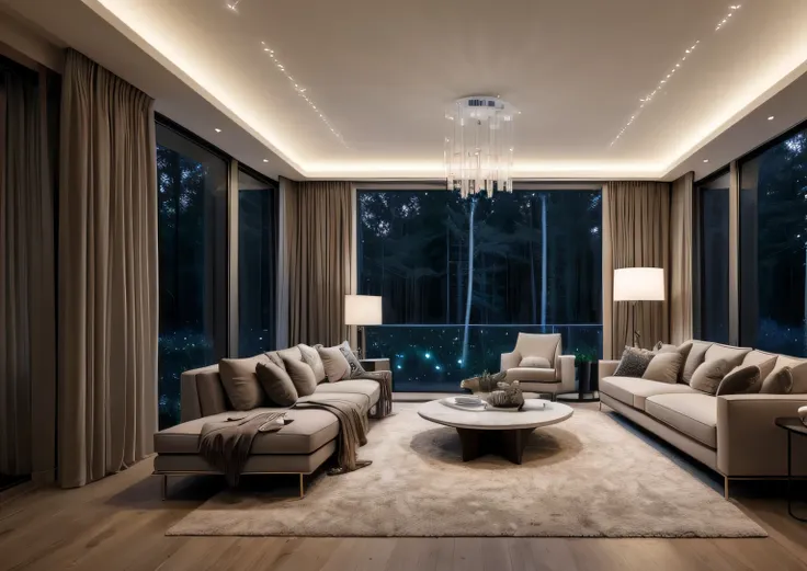 (( best quality)) (( ultral realistic)) photo of living room, nightlight, light, overlooking the forest,(room with lots of lights), luxury of style, homey,