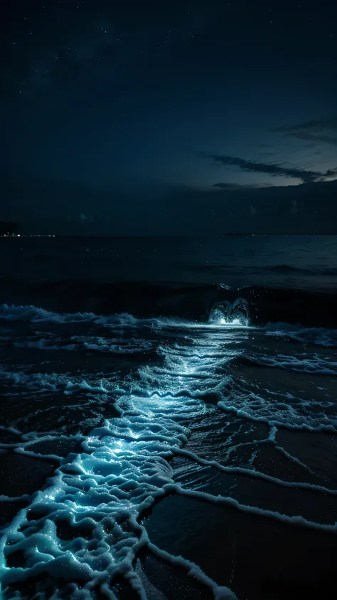 water beach glow in the dark, dark blue water, night, 8k, high resolution