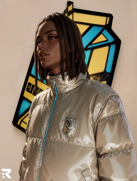 there is a man wearing a jacket with a badge on it, future inflatable jacket, reflective puffy coat, high detail iconic character, model wears a puffer jacket, reflective puffer jacket, close up character, streetwear graphic design, high detail clothing, r...