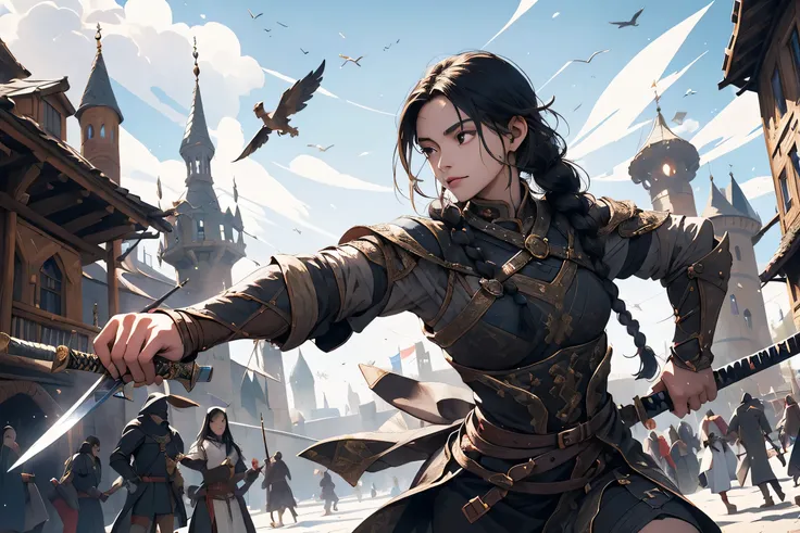 A dynamic illustration of a young girl with long black braided hair skillfully practicing swordplay in a medieval-themed city park, showcasing nimble and dexterous movements. Artistically styled in a fantasy setting reminiscent of medieval Europe, capturin...