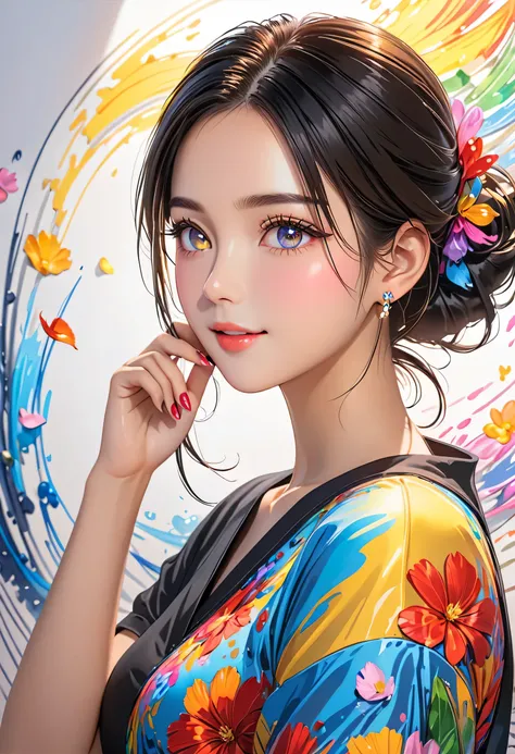 1 girl,glowing eyes,light smile, long hair,black hair,updo,hair ribbon, bracelet, ring, (hand to mouth:1.5),(nail design:1.5),pendant,stud earrings,T-shirt, Exquisite makeup,look at viewer,front,comics,Upper body, acrylic paint, comics,Wind,(petal: 1.4),(L...