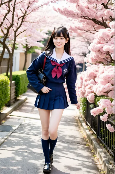 girl walking under cherry blossoms in old-Japanese street,long-sleeved navy blue sailor school swimsuit with red bow tie,navy blue pleated skirt,school bag,18-year-old,bangs,a little smile,thighs,knees,straight hair with barrette,from below,front light