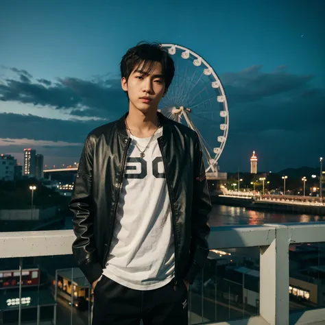 sharpened man standing on a ledge with a ferris wheel in the background, hyung tae, Jinyoung Shin, album art, cai xukun, foto do perfil 1024px, Kim Doyoung, Hong junho hyung, Yanjun Chengt, bladee da gangue de drenagem, pintar ulzzang, Xintong Chen, tirada...