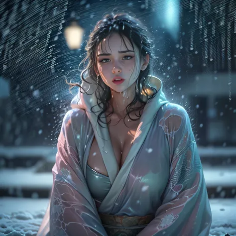 (RAW shooting, Photoreal:1.5, 8K, highest quality, masterpiece, Sitting on the ground、ultra high resolution), (((heavy snow))), perfect dynamic composition:1.2, (In front of a shrine at night in a modern city,bewildered expression:1.2, Tears are flowing:0....