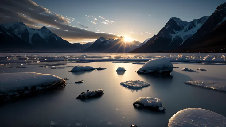 An icy landscape under the glow of an alien sun, with frozen mountains and rocky terrain. The sky is clear, showing distant galaxies in the background. A giant ice wall forms on one side of the scene, while another smaller piece floats nearby. In sharp con...