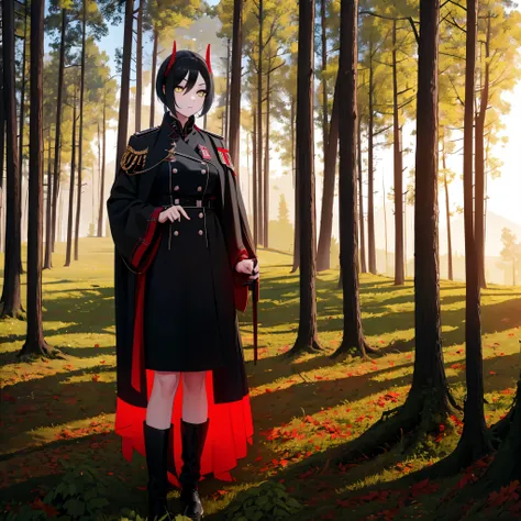 a girl wearing a large black military coat with red details, short black skirt, short black hair, yellow eyes, red horns, in an ...