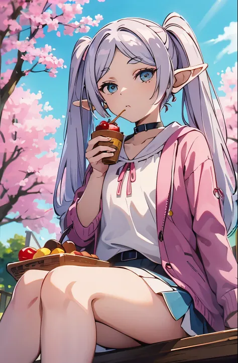 cherry blossom viewing、cherry blossoms、view from below、elf、silver hair、twin tails、eating food