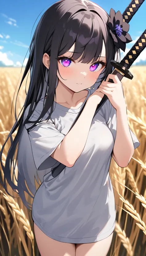 Masterpiece. The best art. Best quality. Full HD. Saturate. Wheat field. Depth of field. Day sky. Blue sky. Colombus cloud. 1girl. Young girl. Slim body. Medium breast.  Long hair. Bangs. Black hair. Glowing eyes. Detailed beautiful eyes. Bright violet eye...