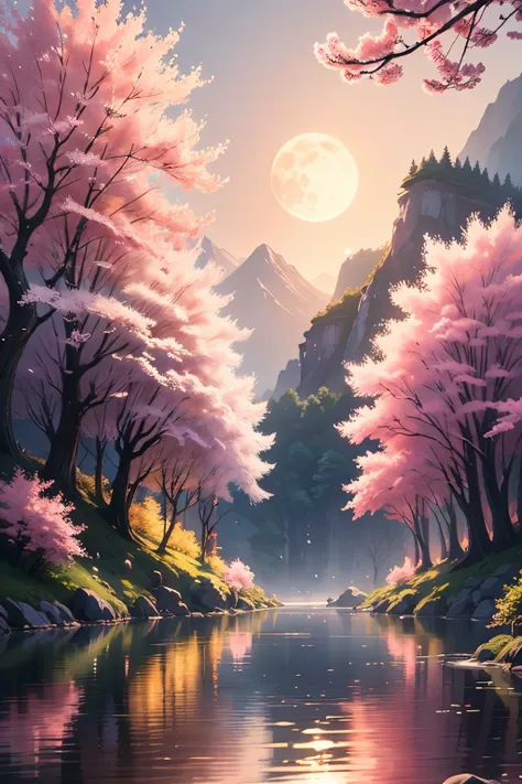 a painting of a river with a full moon in the background, a matte painting by Wu Zhen, trending on cg society, fantasy art, cherry blossom forest, anime nature, spring evening, japanese landscape, dreamy scene, anime nature wallpap, magical landscape, 8k h...