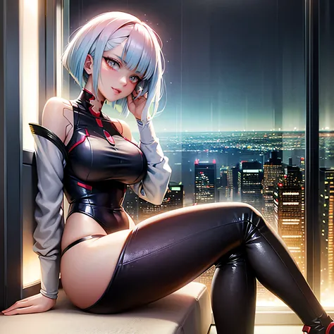 Lucy from cyberpunk, raining, foggy window, rain on window, looking out of window, casual clothes, thick thighs, sitting down 