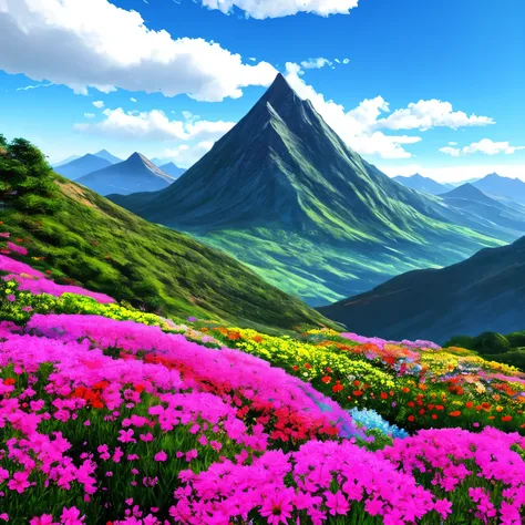 a painting of a mountain with flowers in the foreground, 🌺 cgsociety, stunning nature in background, a beautiful landscape, beatiful mountain background, beautiful landscape, beautiful nature, beautiful detailed scene, incredibly beautiful, beautiful mount...