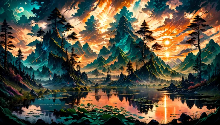 8k, photorealistic, epic fantasy art, Evening Pond, beautiful verdant  Pond  and mountains ,, sunset atmosphere, beautiful colors, mythical atmosphere, epic clouds in orange sky, beautiful water surface, endless mountains, light penetrating through clouds,...