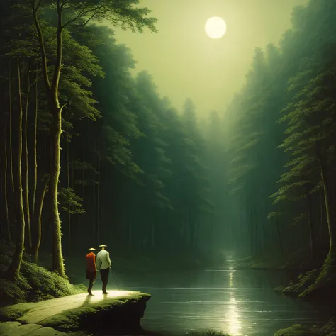 a painting of a man walking across a river in the moonlight, an image of a moonlit forest, moonlit forest, eerie moonlight, moonlit night, forest and moon, the glow of the moonlight, hildebrandt, moonlight night, quiet forest night scene, michael whelan an...