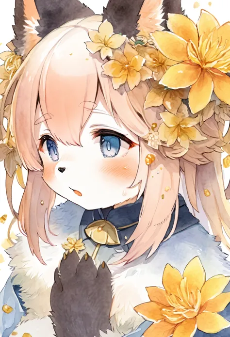 Watercolor elements, 1girl, kemono, furry, detailed body fur, animal face, animal hand, unfocused spread of gold flower, 