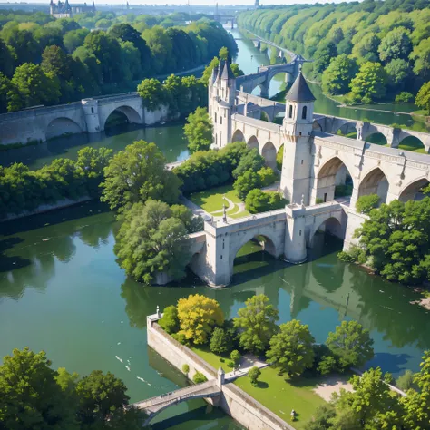 Chenonceau structure, a connecting bridge, a lake, trees and plants around, some infrastructure around, European lamp post in some parts,  very detailed, masterpiece, ultra resolution, perfect quality, 4k hd.
