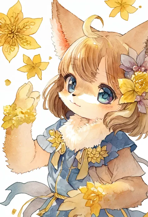 Watercolor elements, 1girl, kemono, furry, detailed body fur, animal face, animal hand, unfocused spread of gold flower, 