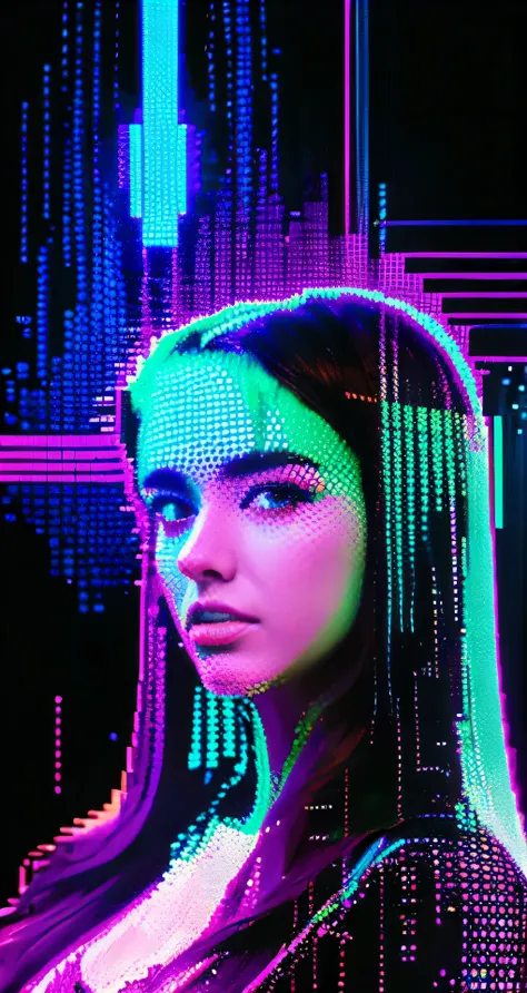 (masterpiece, top quality, best quality, official art, beautiful and aesthetic:1.2), 1girl, glitch art, (digital distortion), pixelated fragments, data corruption,colorful noise, visual chaos,contemporary aesthetics