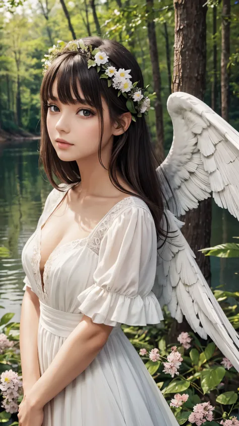 Female angel with brown eyes and black hair lake in white dress beautiful big wings in forest full of flowers close up on face highest quality artwork 8k 