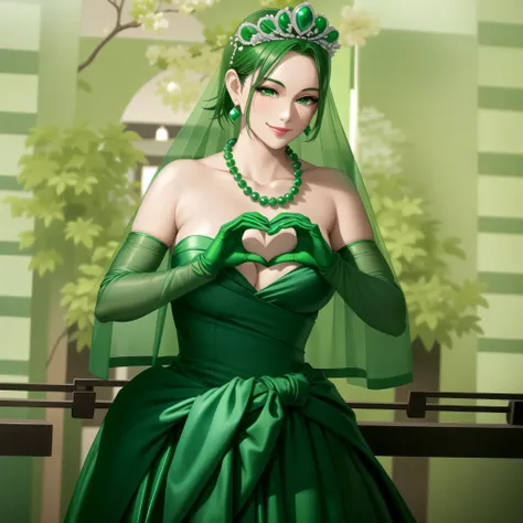 emerald tiara, green pearl necklace, boyish very short green hair, green lips, smiling Japanese woman, very short hair, Beautiful woman with big breasts, green eyes, green satin long gloves, green eyes, emerald earrings, green veil, Heart with both hands, ...