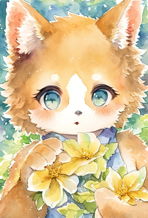 Watercolor elements, 1girl, kemono, furry, detailed body fur, animal face, animal hand, unfocused spread of gold flower, 