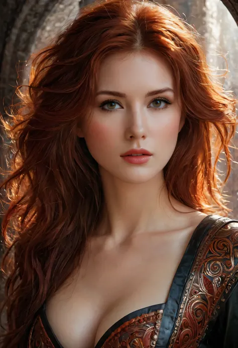 1girl, by Emily Kell and Luis Royo, 27 years old, official art, 8k wallpaper, full length, ultra detailed, beautiful and aesthetic, red hair, brown eyes, leather bust, skirt, A faint smile, masterpiece, best quality, realistic, extremely detailed, dynamic ...