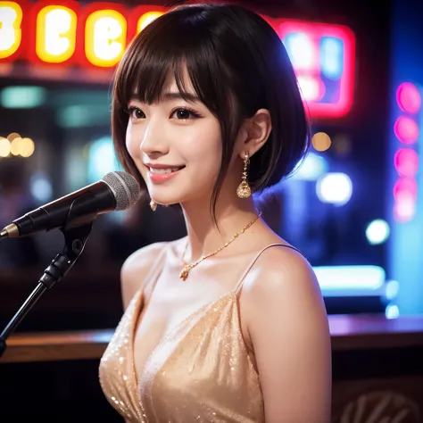 Best-quality, Masterpiece, Ultra-High-Resolution, (Photorealistic:1.4), Raw-Photo, 32k photo of the most popular Japanese idols girl in an elegant outfit, with detailed eyes and an appreciative smile, enjoying a live jazz performance. She’s wearing a sleek...