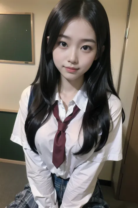 （One cute 17 year old Japanese girl、solo）、((masterpiece))、((highest quality))、(Super detailed)、((very detailed))、4K、(8K)、highest quality、(beautiful)、((beautiful目))、white shirt、(school uniform:1.3)、whole body、(complicated pants)、