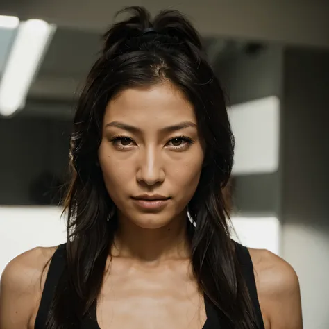 Dichen Lachman alone, long black hair in a ponytail, portrait, bright studio light, looking directly into the camera, outside in a sunny day