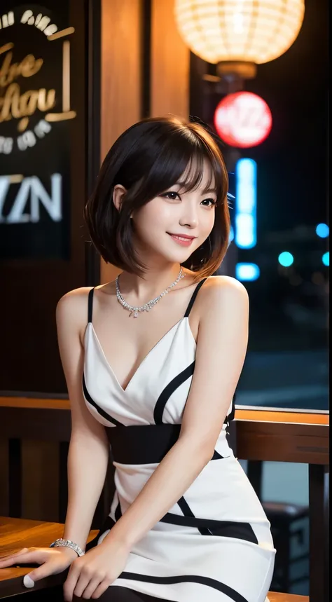 Best-quality, Masterpiece, Ultra-High-Resolution, (Photorealistic:1.4), Raw-Photo, 32k photo of the most popular Japanese idols girl in an elegant outfit, with detailed eyes and an appreciative smile, enjoying a live jazz performance. She’s wearing a sleek...