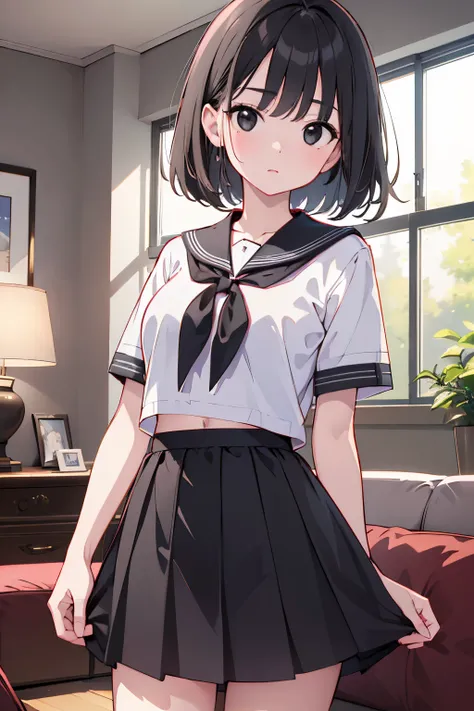 (master piece:1.2), (best Quality:1.2), (ultra detailed:1.2), (highres:1.2), 4k, 8k, from front, cowboy shot, look at viewer, beautiful detailed eyes, straight hair, short hair, black hair, (black eyes:1.2), beautiful breasts, junior high school student, 1...