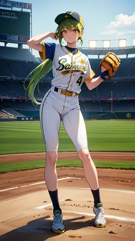 perfect anatomy, masterpiece:1.4, best quality, 8k, beautiful detailed grow, (in the Fukuoka Dome Stadium), break, (Baseball Style) ((Throw a fastball)) (from the Pitchers Mound) (a ponytail green hair long hair cute girl, 14 yo, cute yellow eyes, enjoy fa...