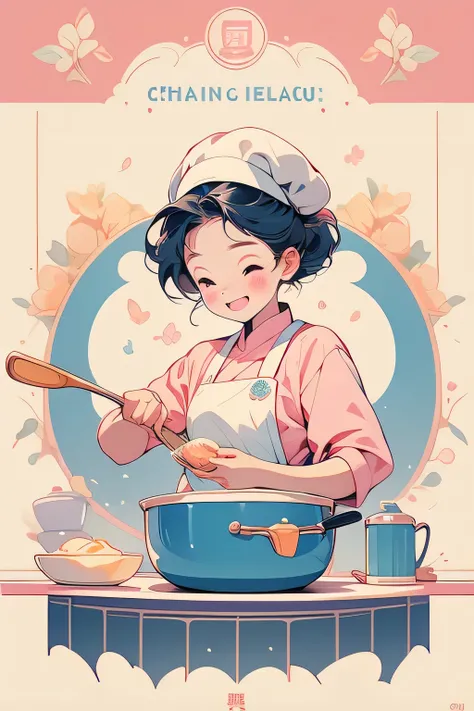 The logo features a smiling cartoon character of a girl wearing a chefs hat and apron, happily stirring a pot on a stove. Beside her, theres a small table with various cooking utensils like a spatula, whisk, and mixing bowls. Above the character, the text ...